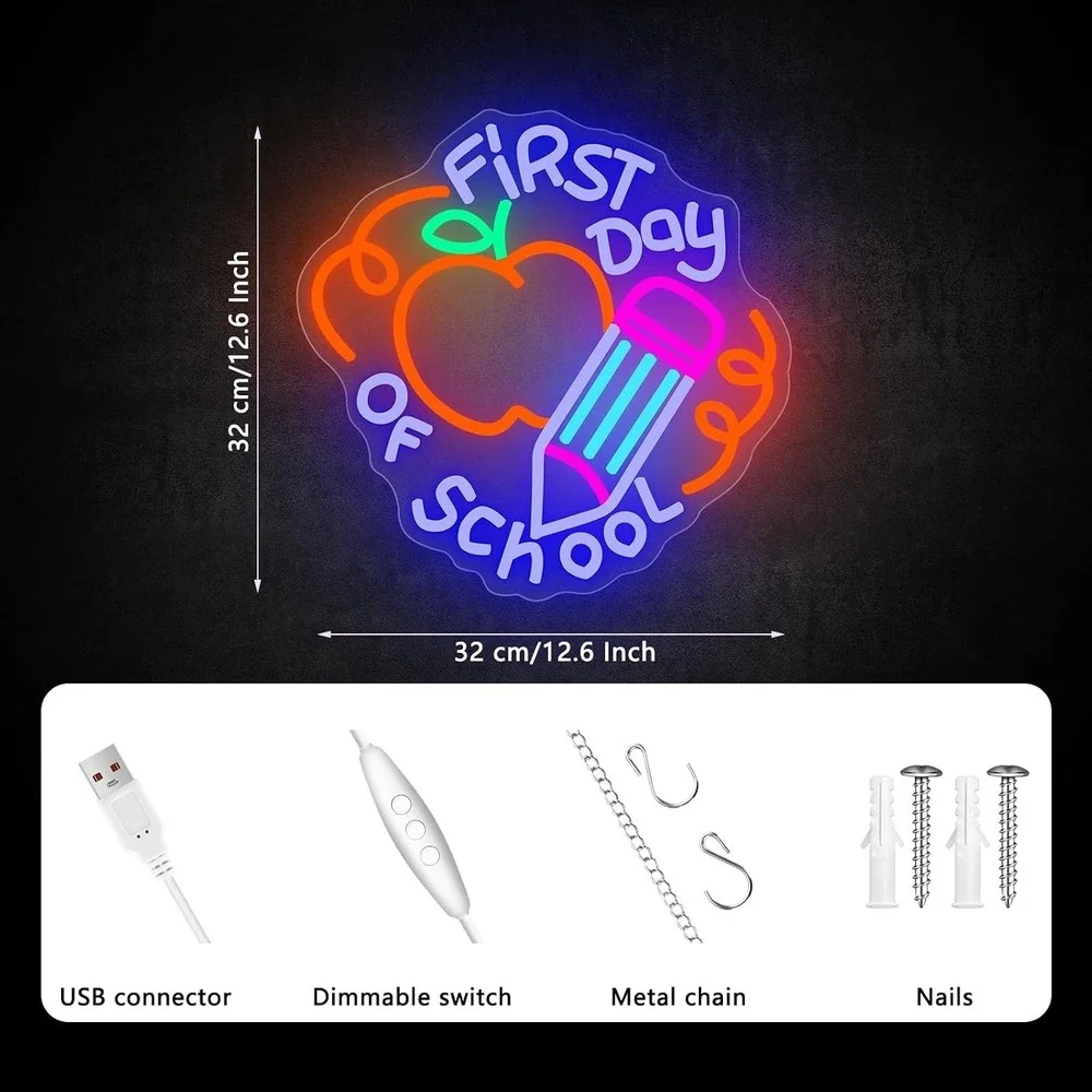 AUGELRE First Day of School Neon Light USB Dimmable LED Sign Wall Decor